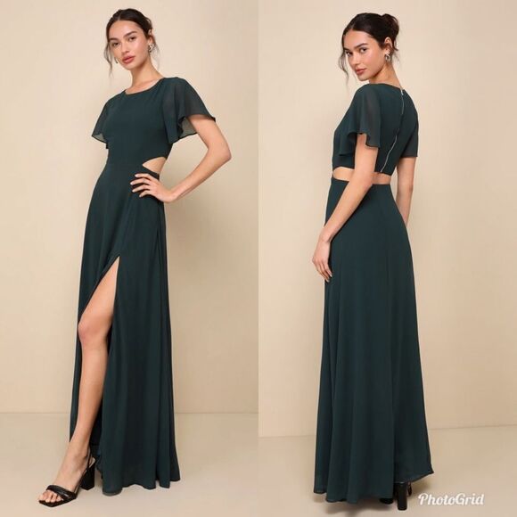 Lulus Garden Bliss Emerald Green Formal Chiffon Cutout Maxi Dress - Picture 1 of 8
